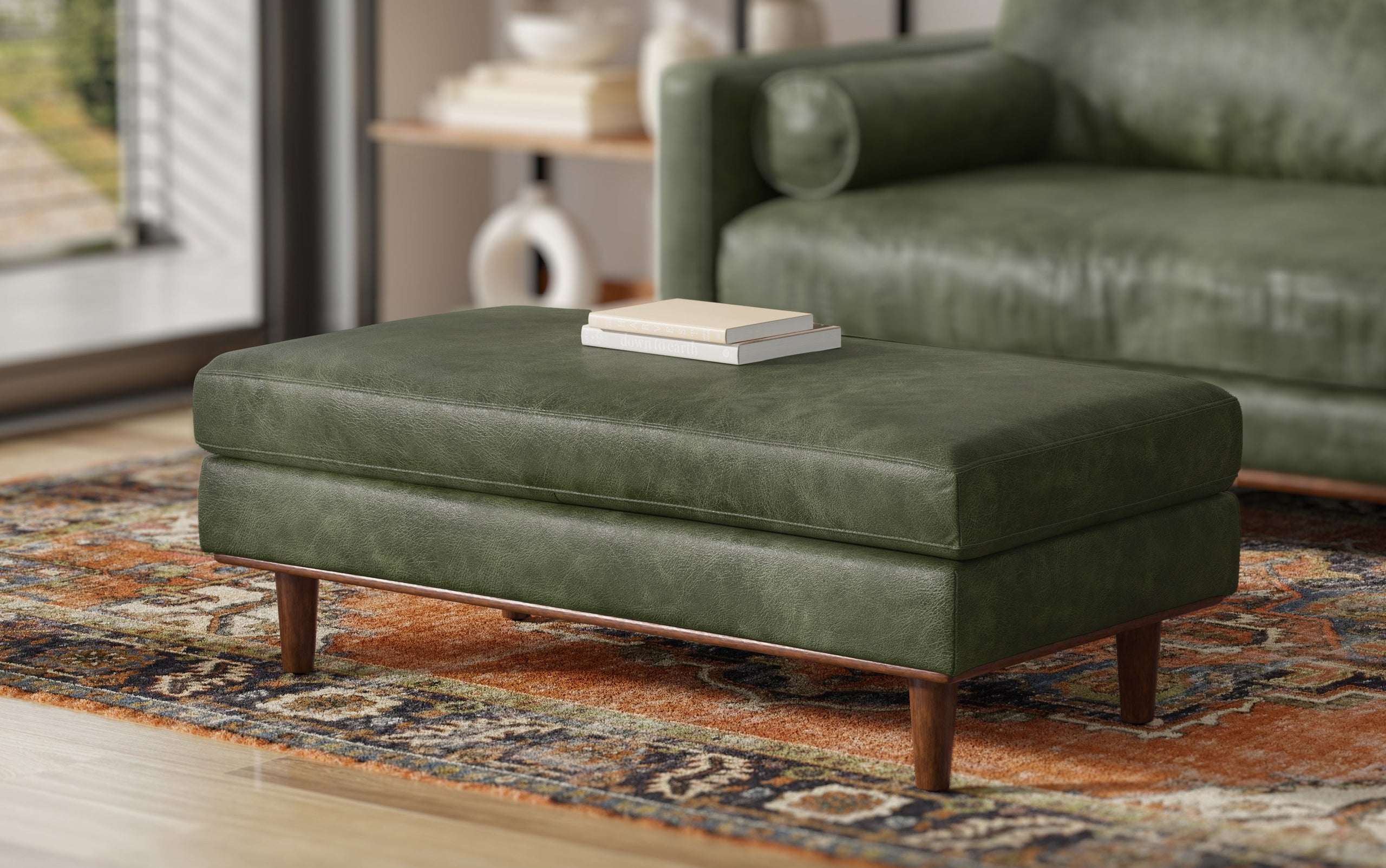 Moss Green Genuine Top Grain Leather | Morrison Large Rectangular Ottoman in Genuine Leather
