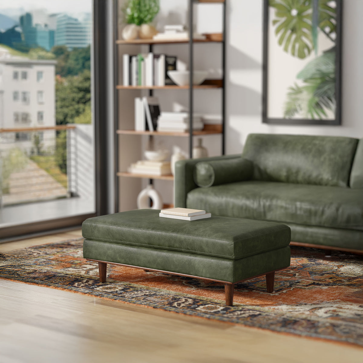 Moss Green Genuine Top Grain Leather | Morrison Large Rectangular Ottoman in Genuine Leather