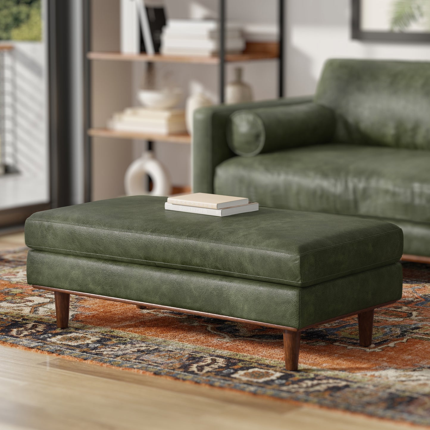 Moss Green Genuine Top Grain Leather | Morrison Large Rectangular Ottoman in Genuine Leather