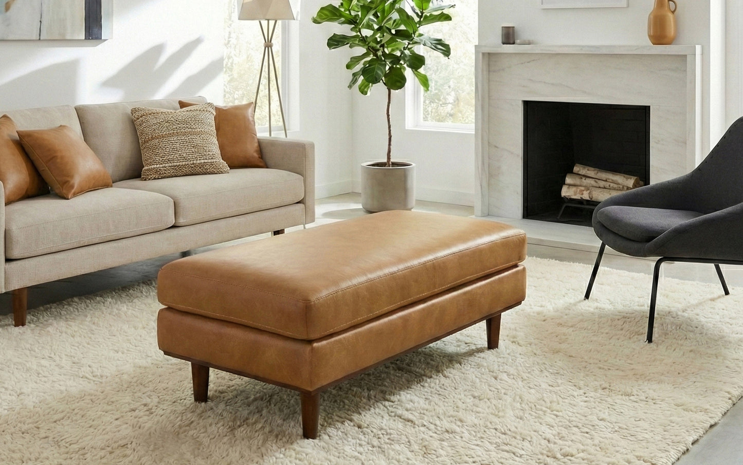 Sienna Genuine Top Grain Leather | Morrison Large Rectangular Ottoman in Genuine Leather