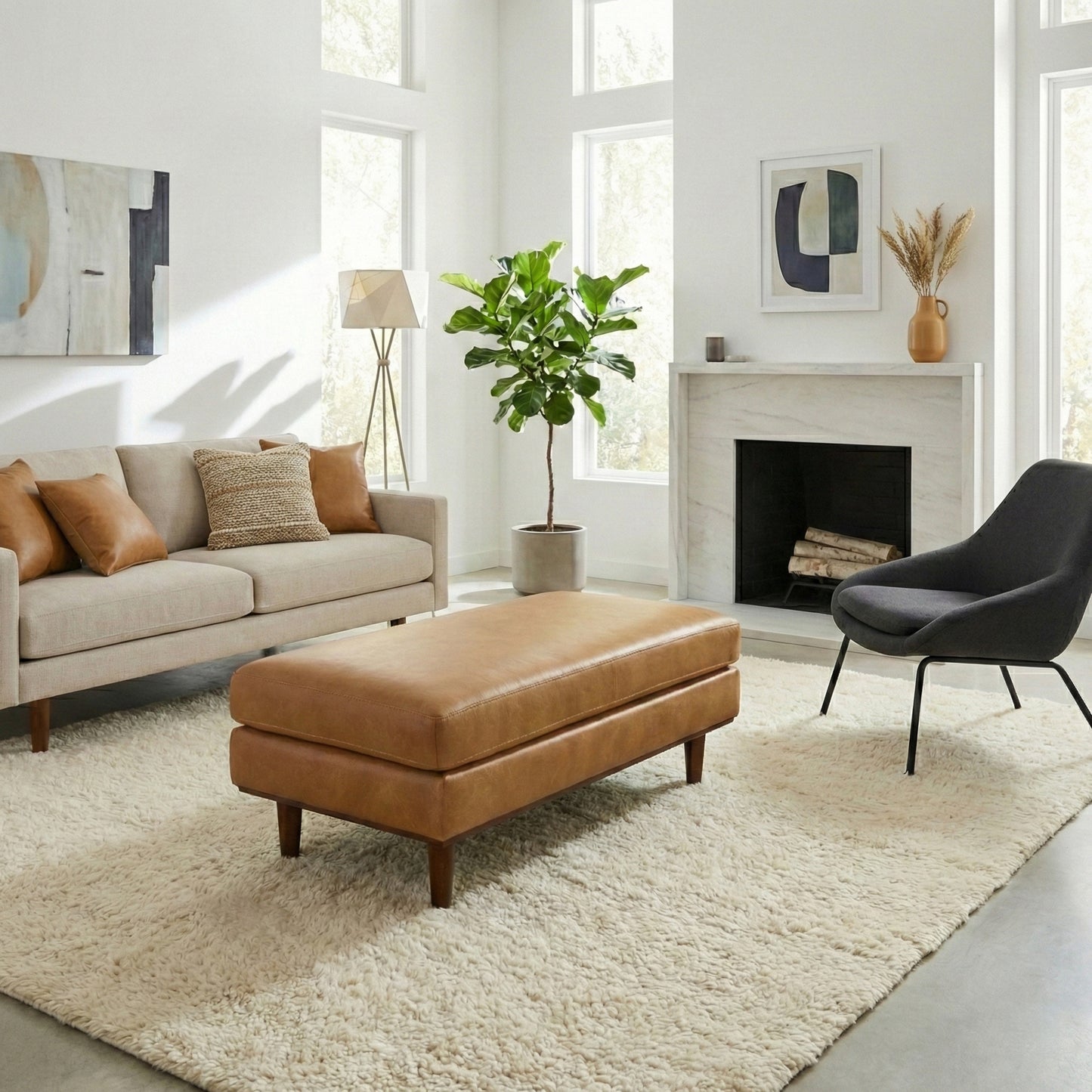 Sienna Genuine Top Grain Leather | Morrison Large Rectangular Ottoman in Genuine Leather