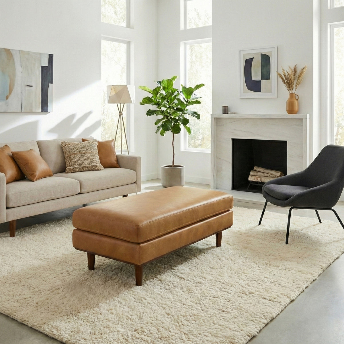 Sienna Genuine Top Grain Leather | Morrison Large Rectangular Ottoman in Genuine Leather