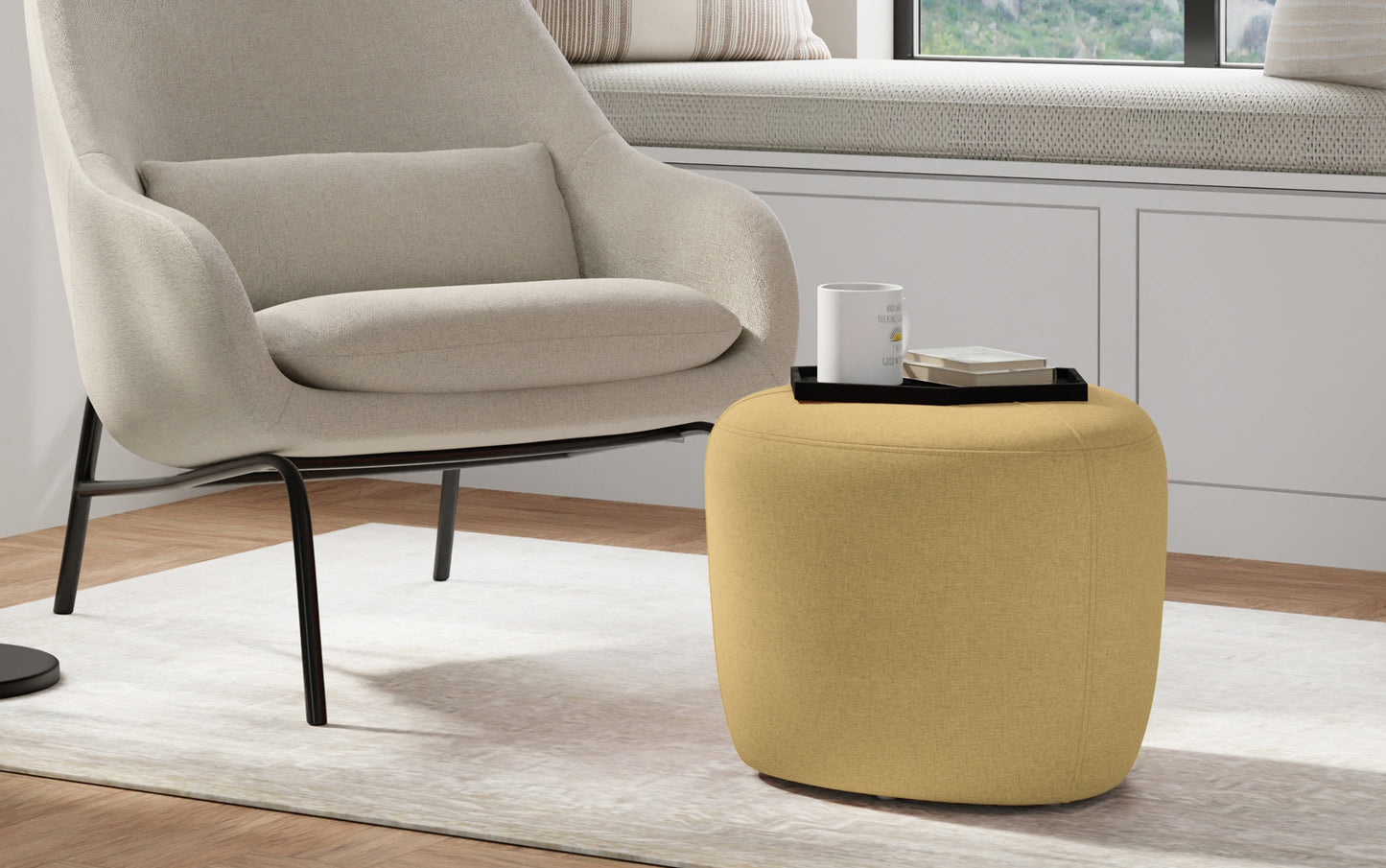 Dijon Yellow Linen Style Fabric | Moore Small Ottoman in Linen
