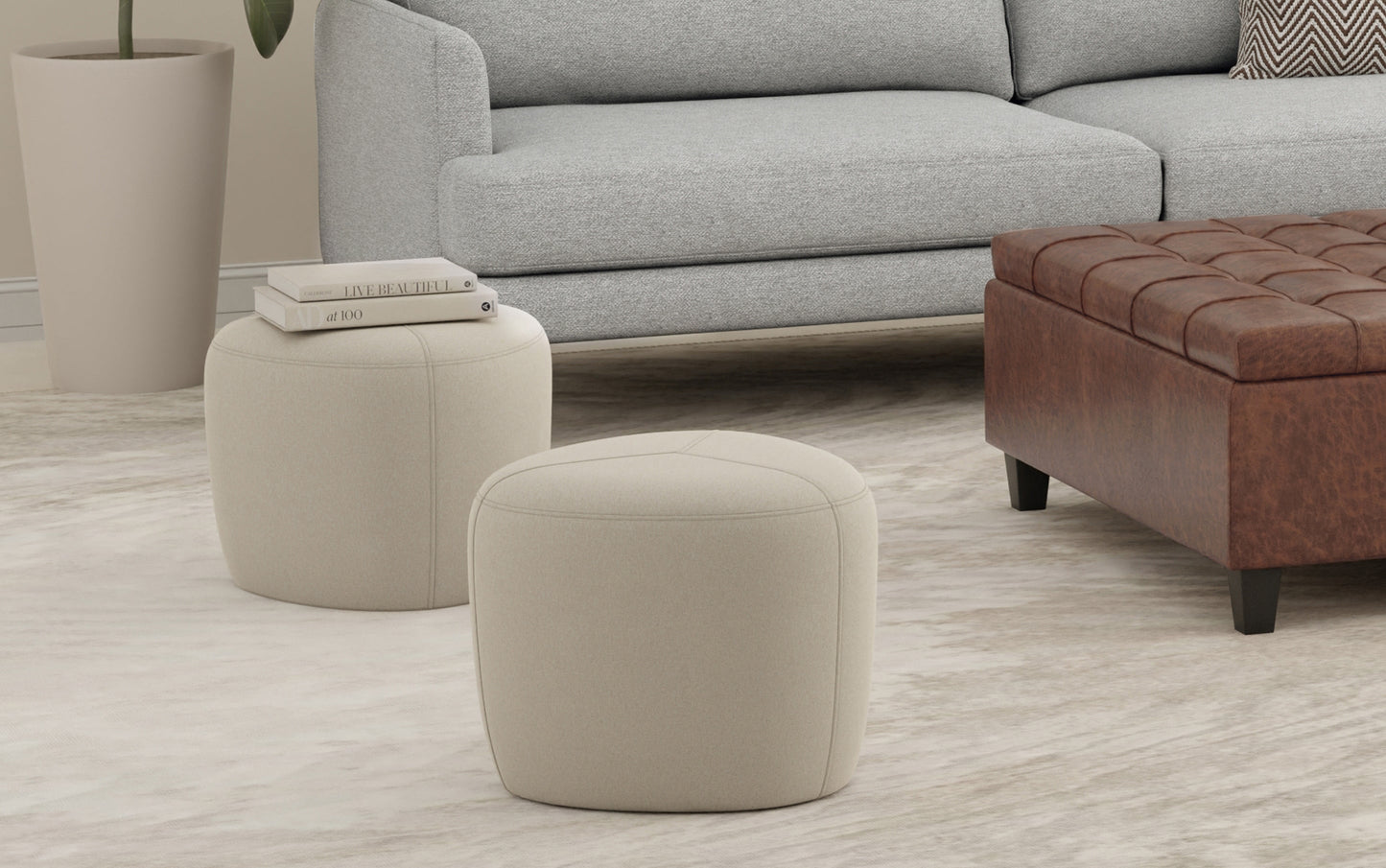 Natural Linen Style Fabric | Moore Small Ottoman in Linen