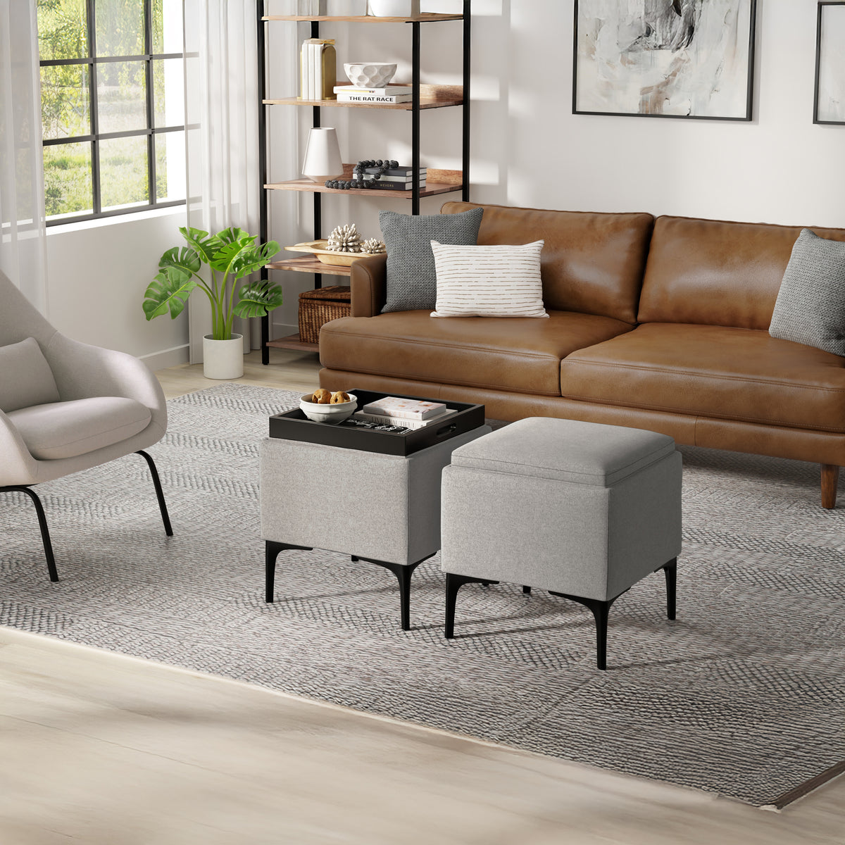 Cloud Grey Linen Style Fabric| Natasha Storage Ottoman with Tray in Linen