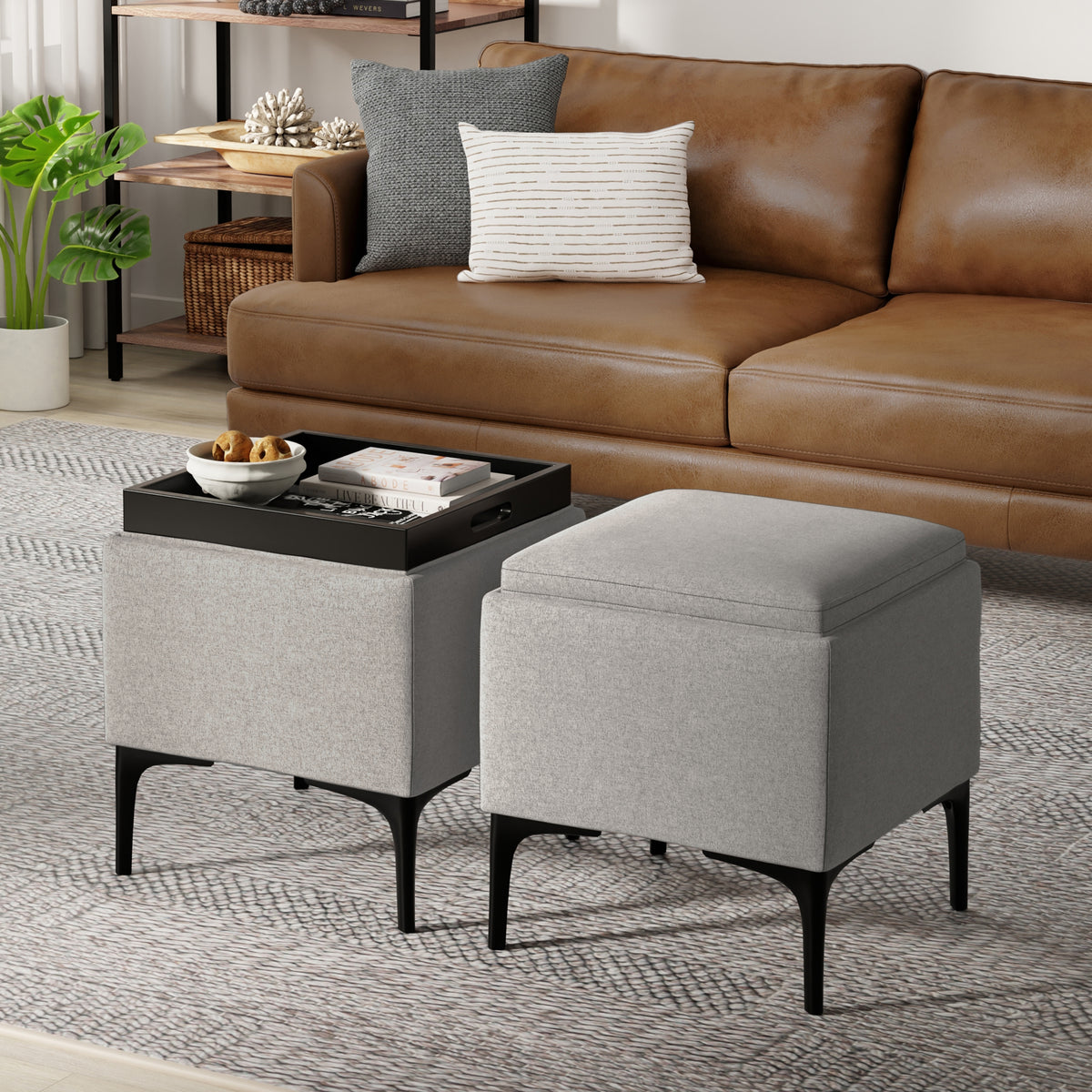 Cloud Grey Linen Style Fabric| Natasha Storage Ottoman with Tray in Linen