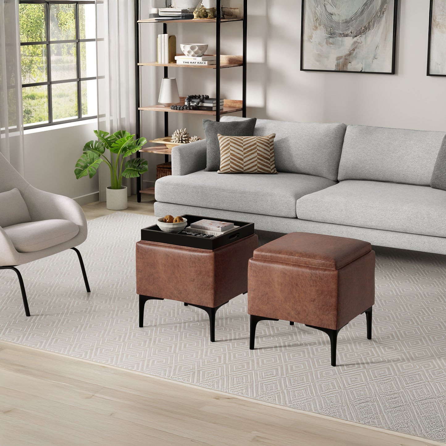Distressed Saddle Brown Distressed Vegan Leather | Natasha Storage Ottoman with Tray in Distressed Vegan Leather