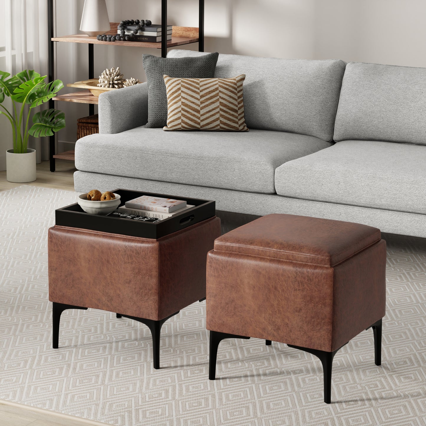 Distressed Saddle Brown Distressed Vegan Leather | Natasha Storage Ottoman with Tray in Distressed Vegan Leather