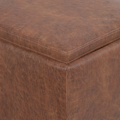 Distressed Saddle Brown Distressed Vegan Leather | Natasha Storage Ottoman with Tray in Distressed Vegan Leather