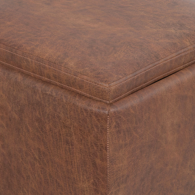 Distressed Saddle Brown Distressed Vegan Leather | Natasha Storage Ottoman with Tray in Distressed Vegan Leather