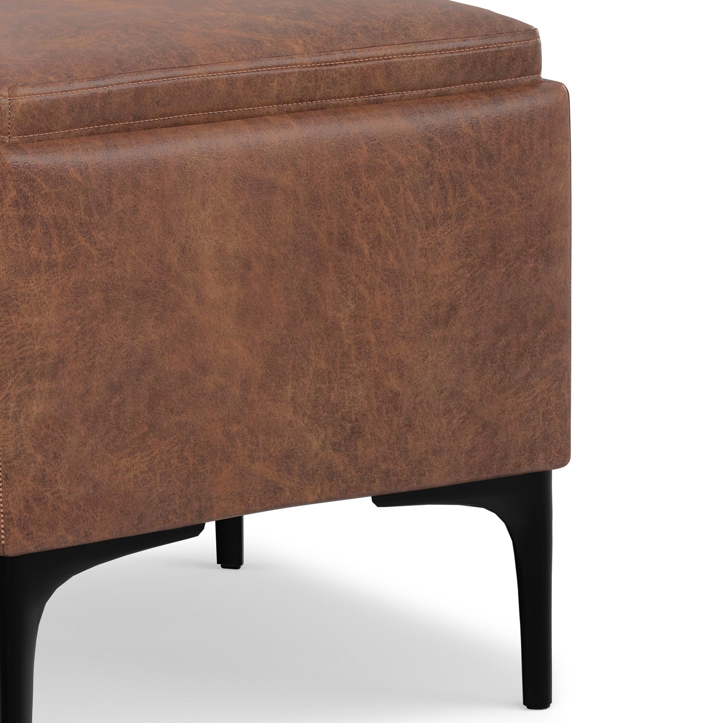 Distressed Saddle Brown Distressed Vegan Leather | Natasha Storage Ottoman with Tray in Distressed Vegan Leather