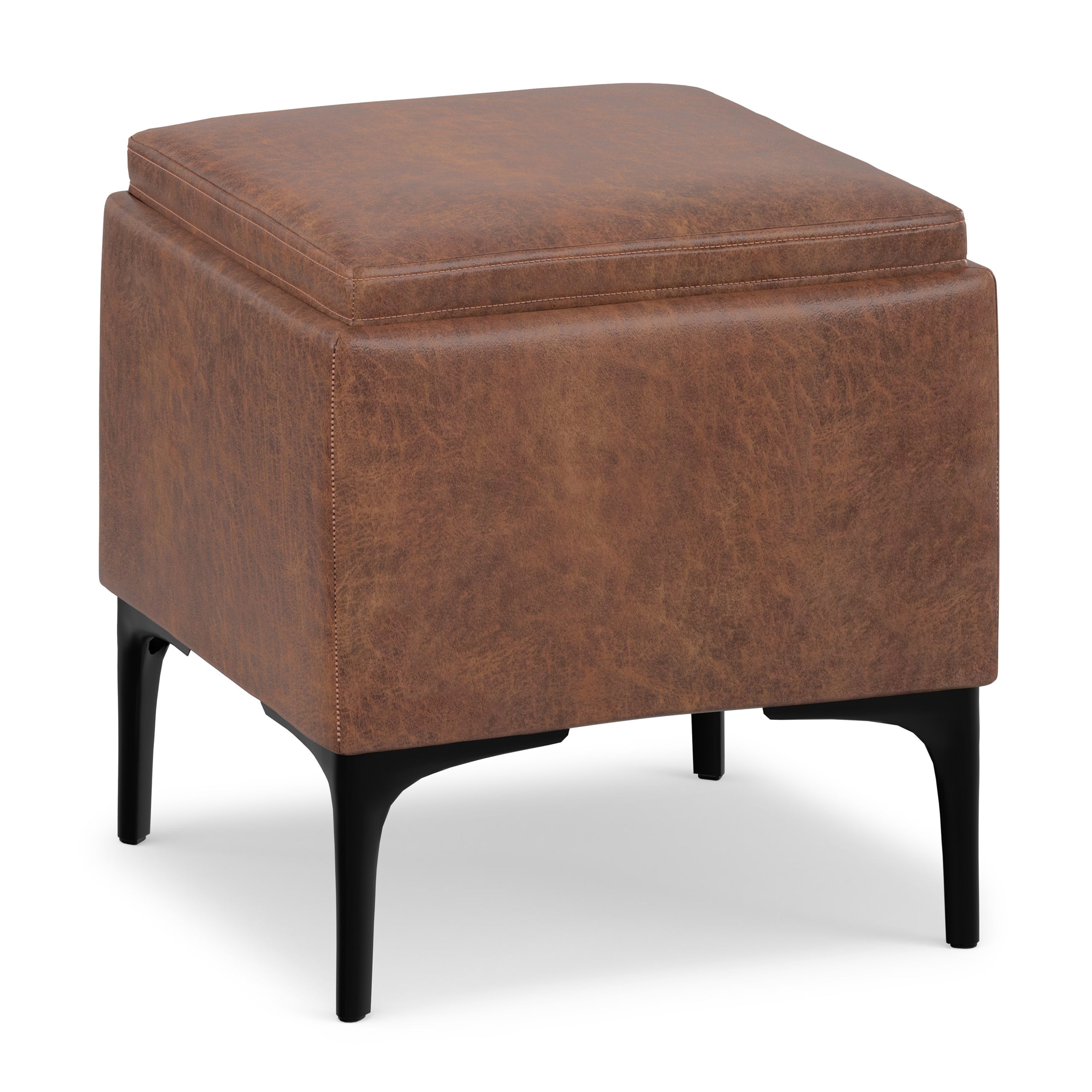 Distressed Saddle Brown Distressed Vegan Leather | Natasha Storage Ottoman with Tray in Distressed Vegan Leather