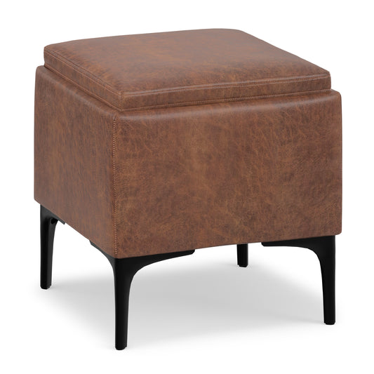 Distressed Saddle Brown Distressed Vegan Leather | Natasha Storage Ottoman with Tray in Distressed Vegan Leather