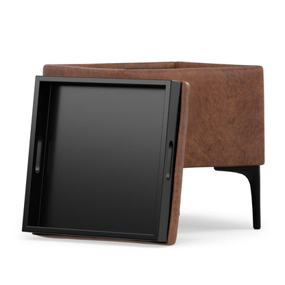 Distressed Saddle Brown Distressed Vegan Leather | Natasha Storage Ottoman with Tray in Distressed Vegan Leather