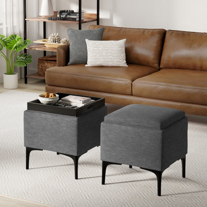Slate Grey Linen Style Fabric| Natasha Storage Ottoman with Tray in Linen