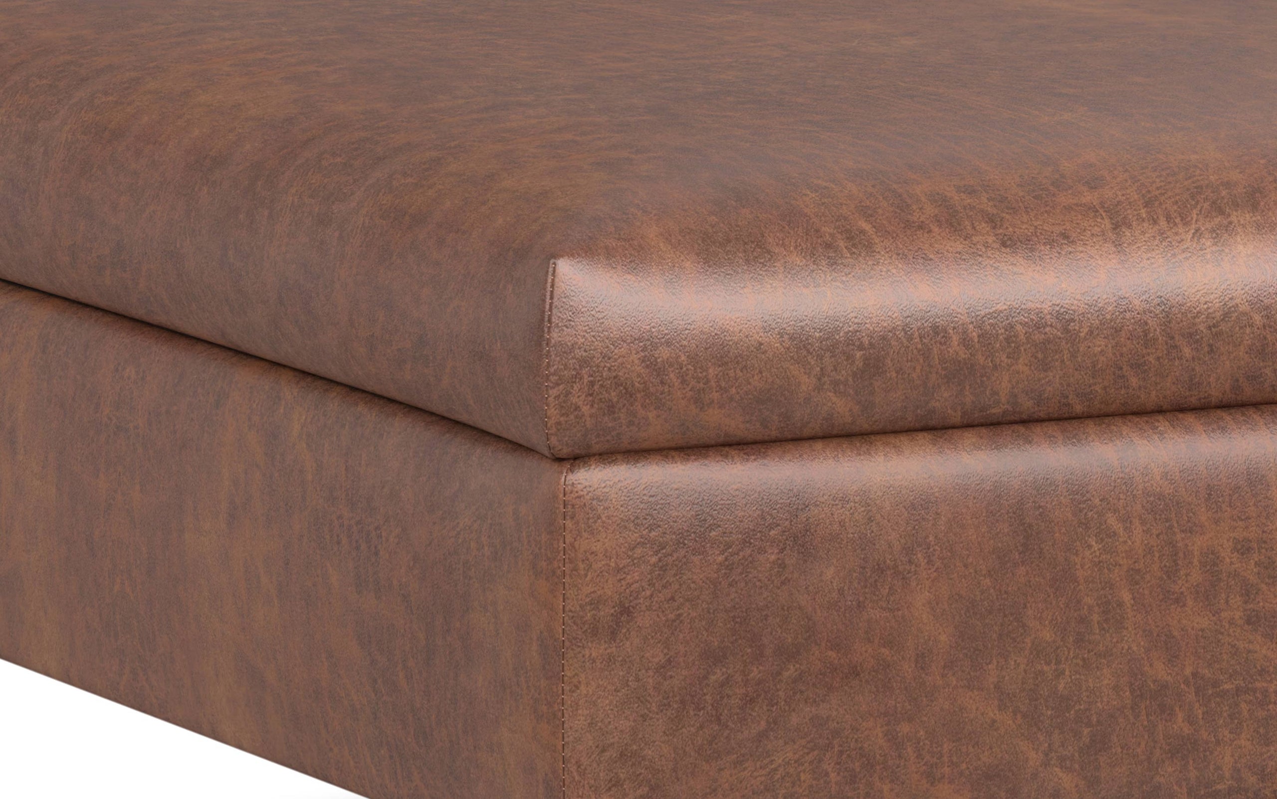 Distressed Saddle Brown Distressed Vegan Leather | Rebecca Coffee Table Storage Ottoman with Lift Up Lid