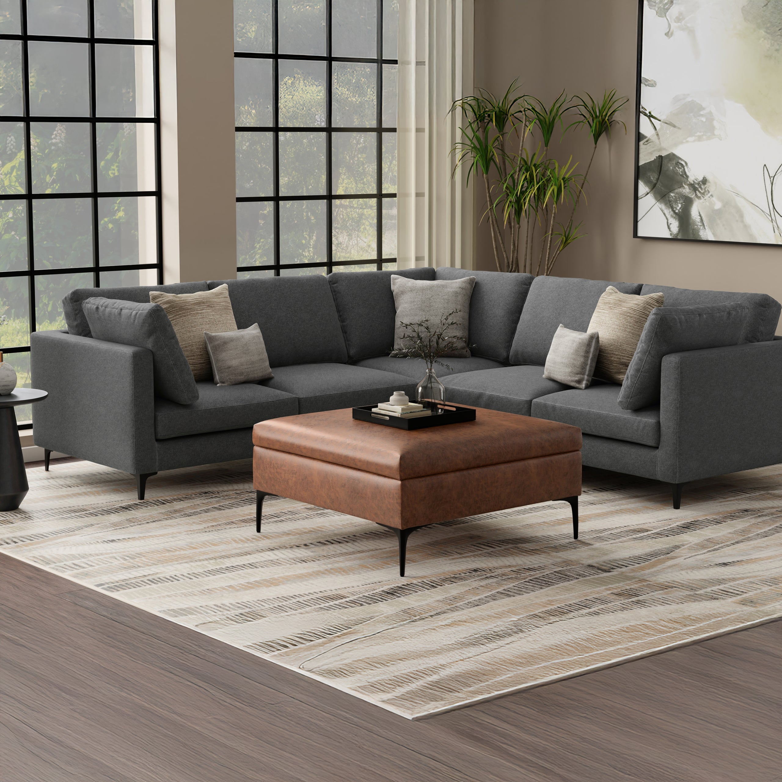 Distressed Saddle Brown Distressed Vegan Leather | Rebecca Coffee Table Storage Ottoman with Lift Up Lid in Distressed Vegan Leather