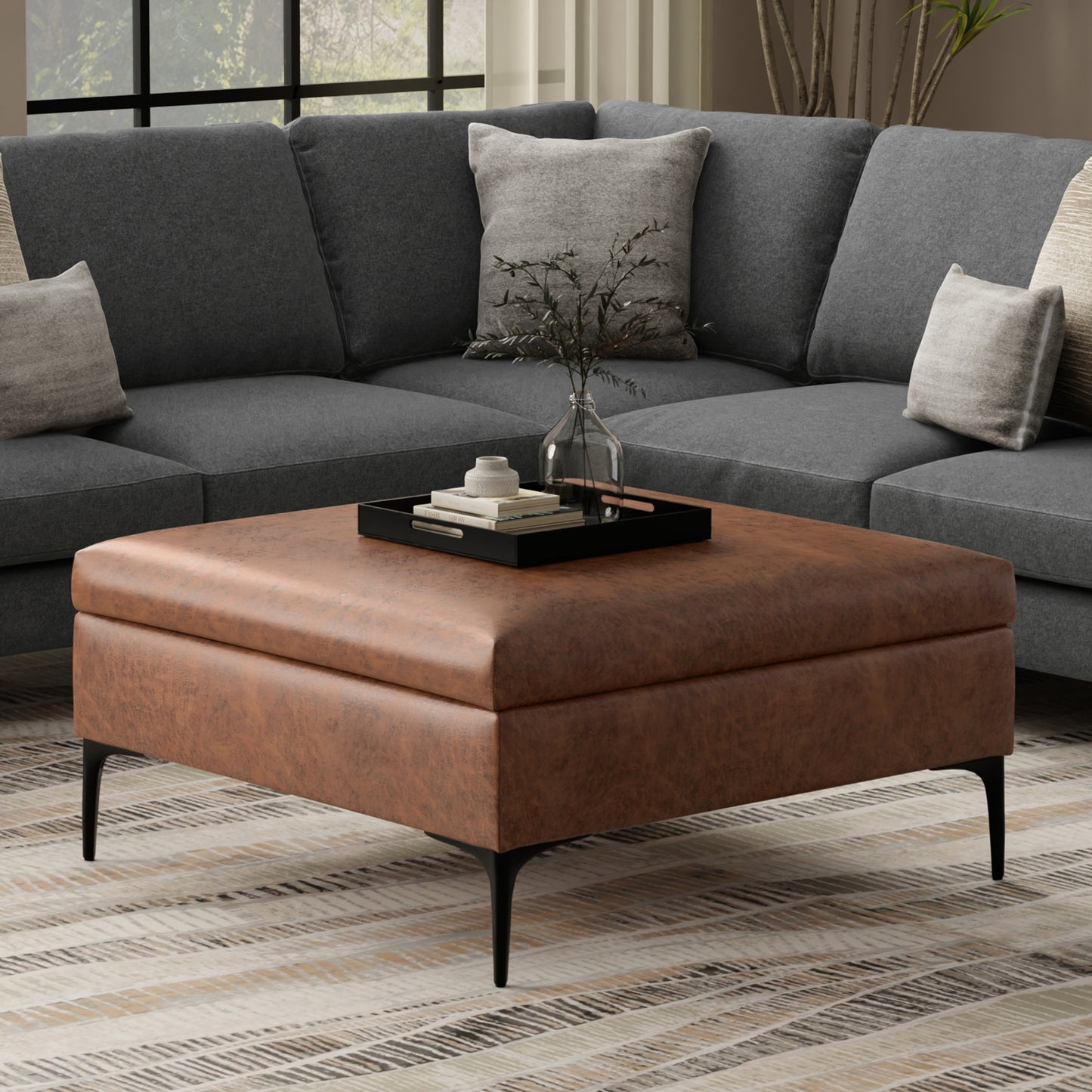 Distressed Saddle Brown Distressed Vegan Leather | Rebecca Coffee Table Storage Ottoman with Lift Up Lid in Distressed Vegan Leather