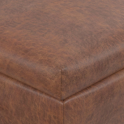 Distressed Saddle Brown Distressed Vegan Leather | Rebecca Coffee Table Storage Ottoman with Lift Up Lid in Distressed Vegan Leather