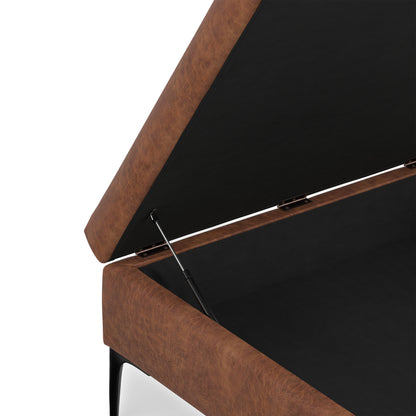 Distressed Saddle Brown Distressed Vegan Leather | Rebecca Coffee Table Storage Ottoman with Lift Up Lid in Distressed Vegan Leather
