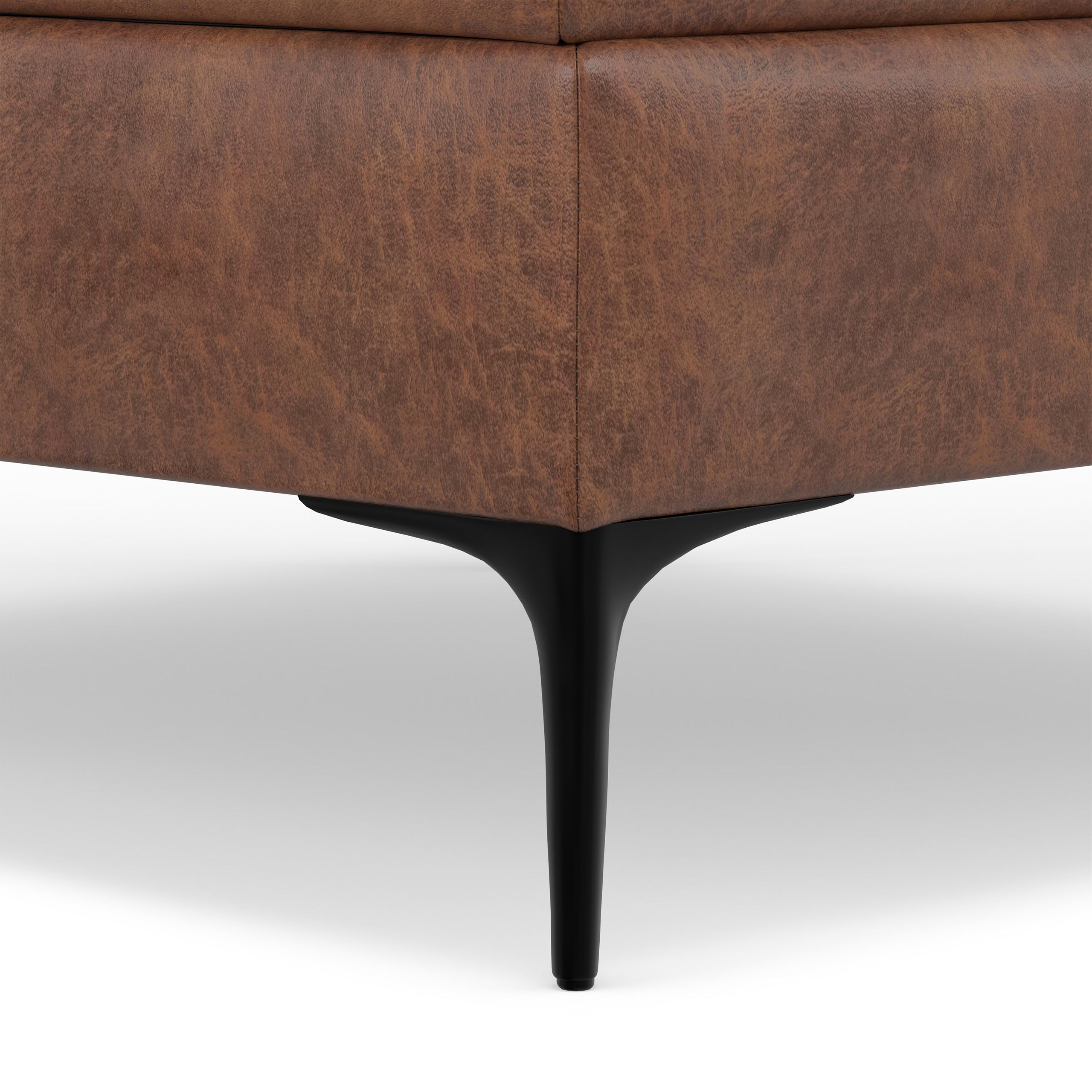 Distressed Saddle Brown Distressed Vegan Leather | Rebecca Coffee Table Storage Ottoman with Lift Up Lid in Distressed Vegan Leather