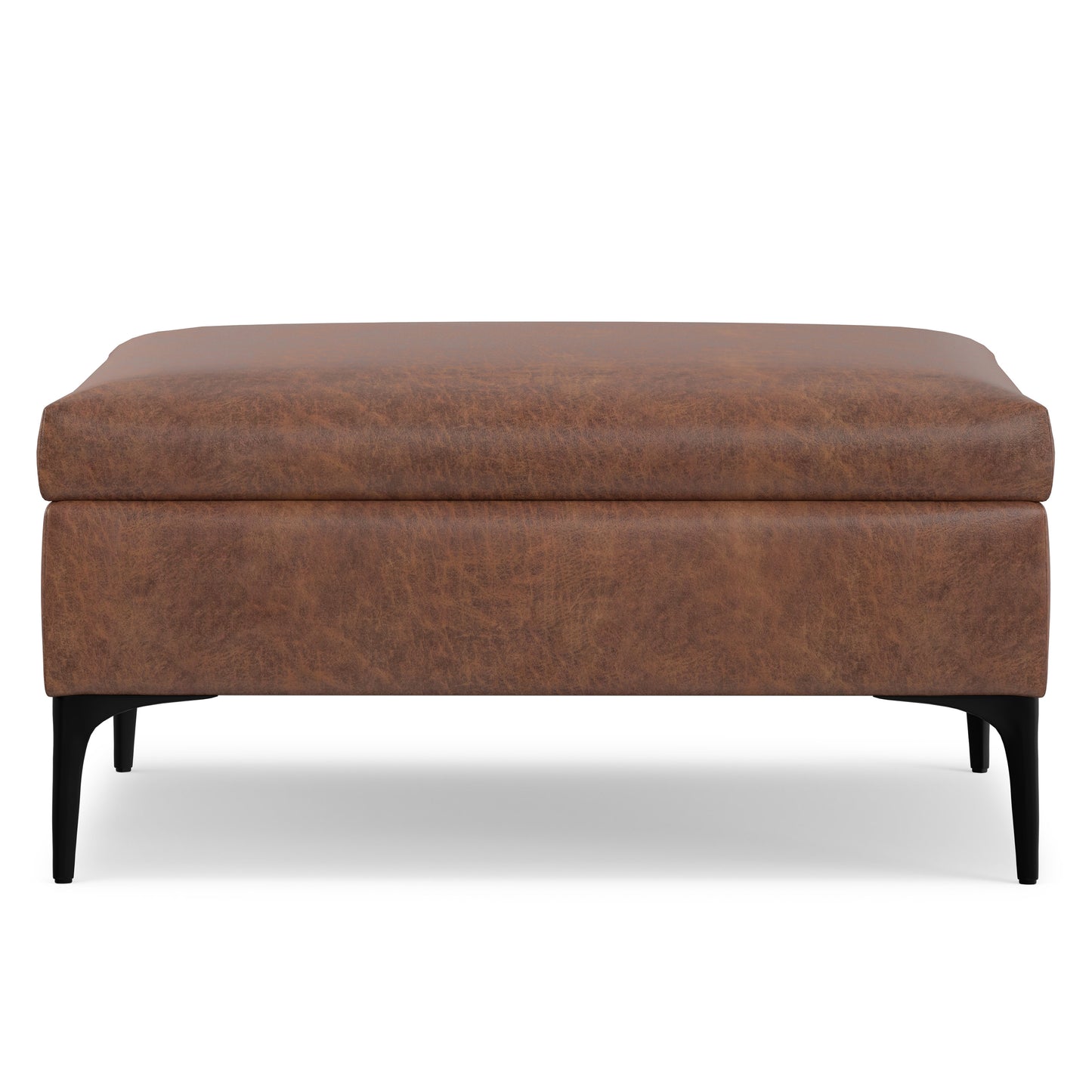 Distressed Saddle Brown Distressed Vegan Leather | Rebecca Coffee Table Storage Ottoman with Lift Up Lid in Distressed Vegan Leather
