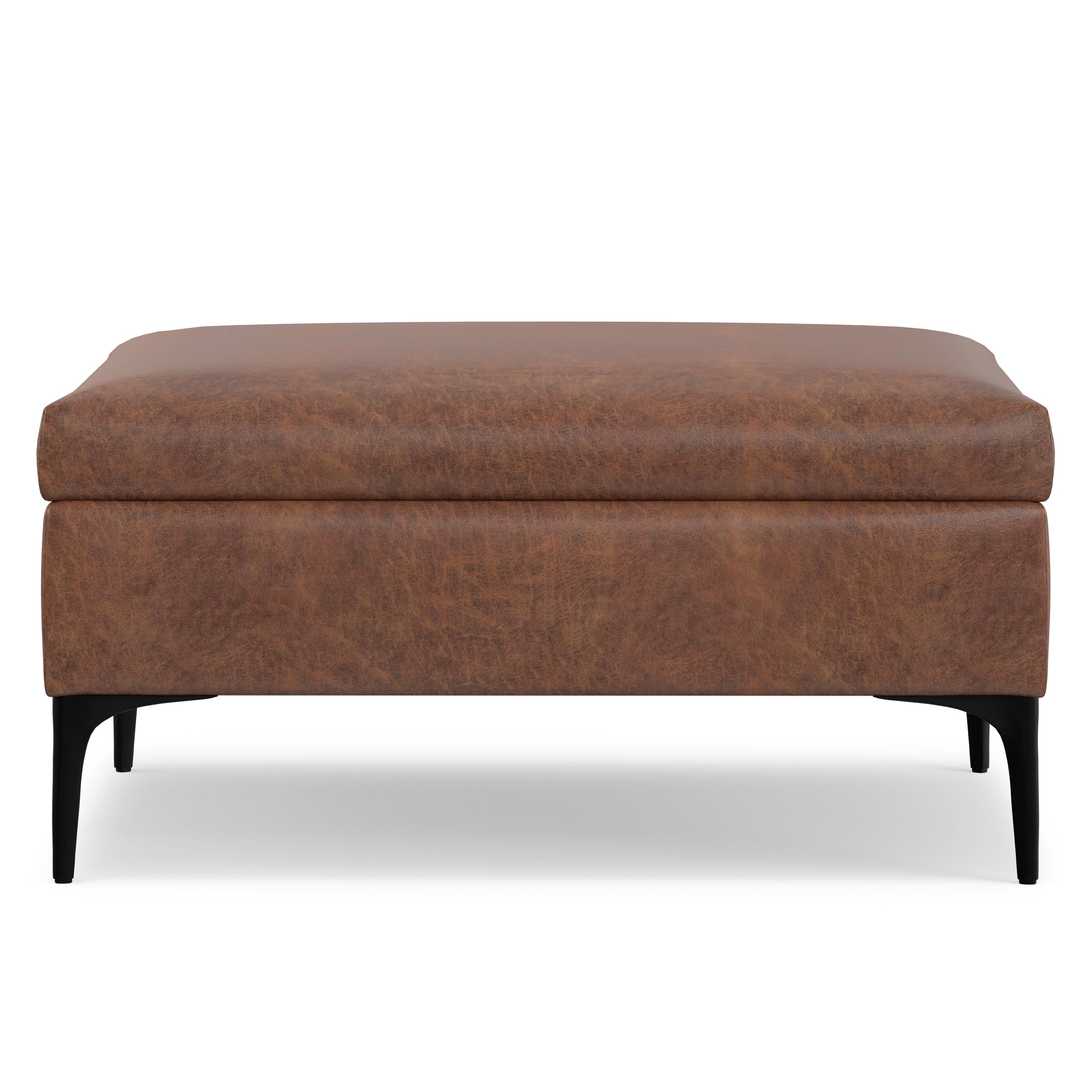 Distressed Saddle Brown Distressed Vegan Leather | Rebecca Coffee Table Storage Ottoman with Lift Up Lid in Distressed Vegan Leather