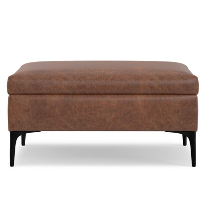 Distressed Saddle Brown Distressed Vegan Leather | Rebecca Coffee Table Storage Ottoman with Lift Up Lid in Distressed Vegan Leather