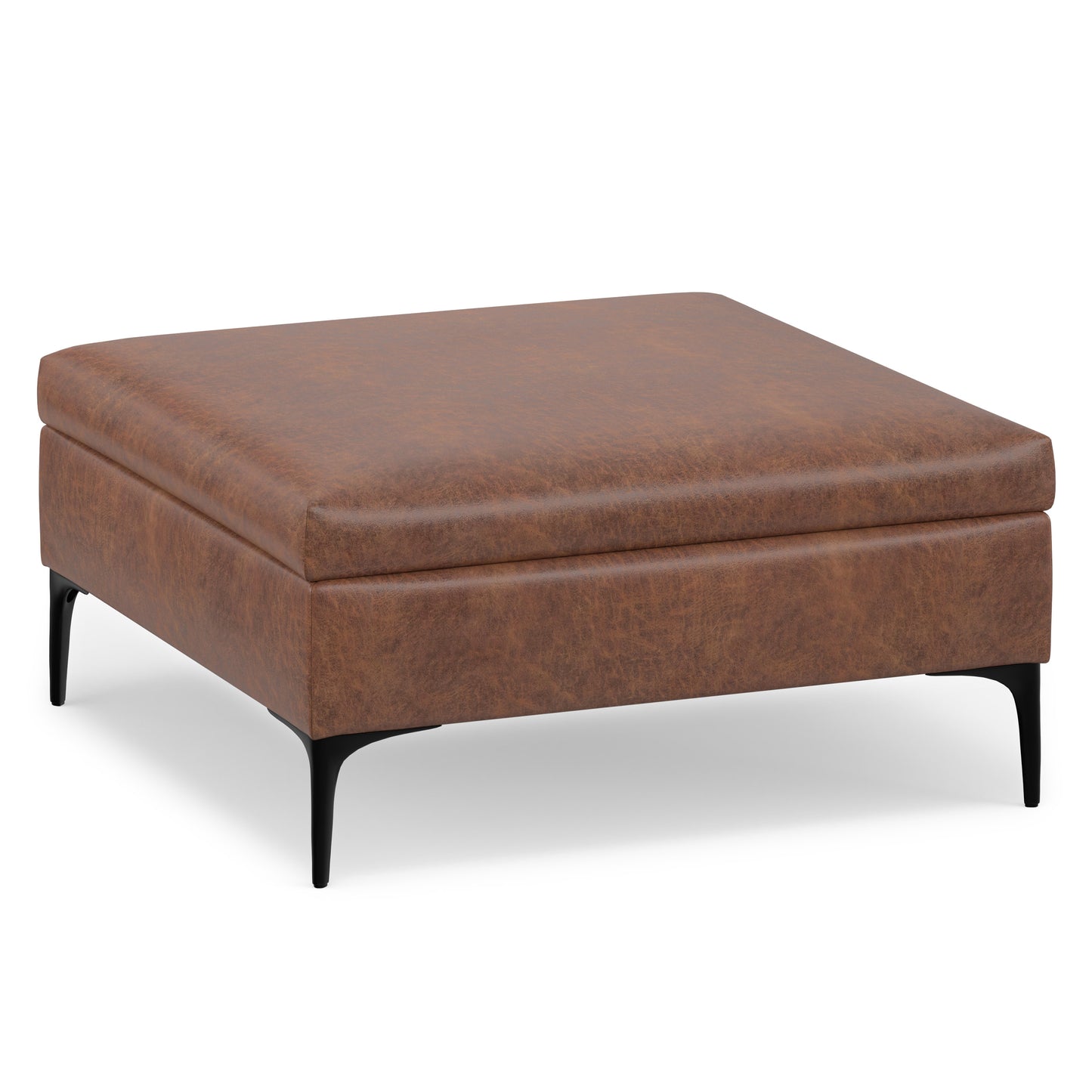 Distressed Saddle Brown Distressed Vegan Leather | Rebecca Coffee Table Storage Ottoman with Lift Up Lid in Distressed Vegan Leather