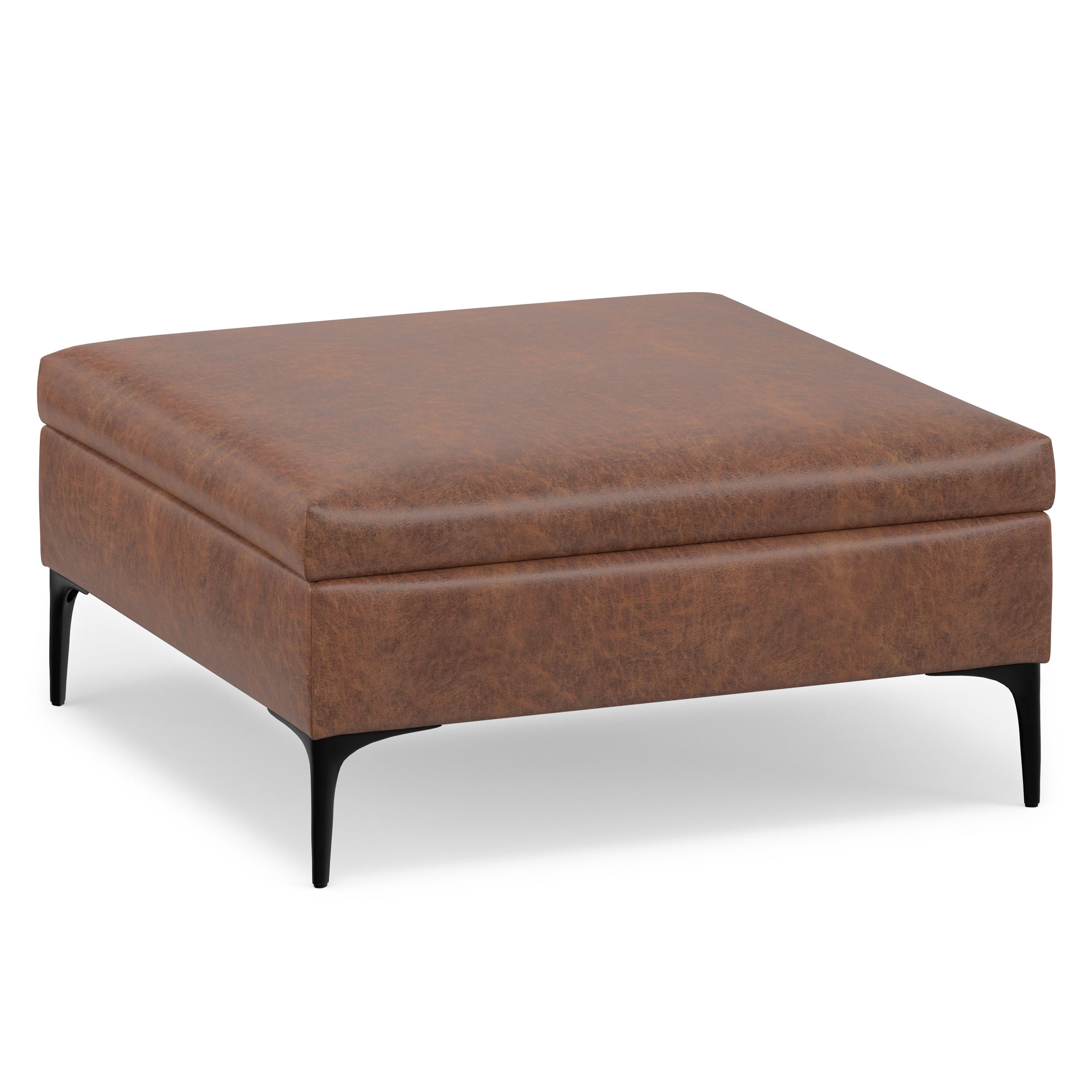 Distressed Saddle Brown Distressed Vegan Leather | Rebecca Coffee Table Storage Ottoman with Lift Up Lid in Distressed Vegan Leather