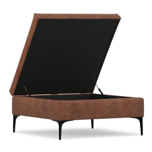 Distressed Saddle Brown Distressed Vegan Leather | Rebecca Coffee Table Storage Ottoman with Lift Up Lid in Distressed Vegan Leather