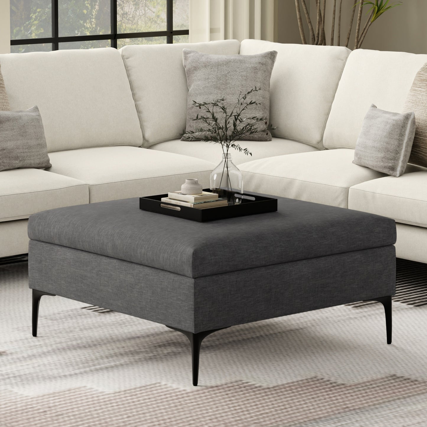 Slate Grey Linen Style Fabric | Rebecca Coffee Table Storage Ottoman with Lift Up Lid in Linen