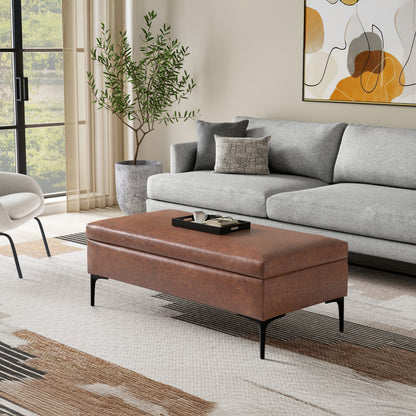 Distressed Saddle Brown Distressed Vegan Leather | Rebecca Large Coffee Table Storage Ottoman with Lift up Lid in Distressed Vegan Leather