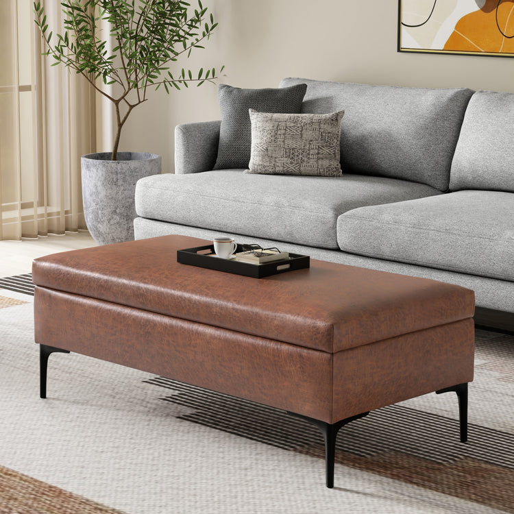 Distressed Saddle Brown Distressed Vegan Leather | Rebecca Large Coffee Table Storage Ottoman with Lift up Lid in Distressed Vegan Leather