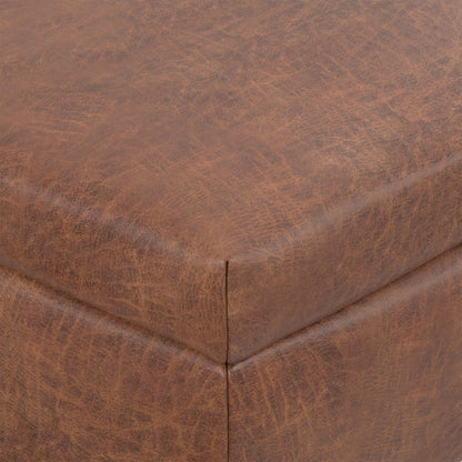 Distressed Saddle Brown Distressed Vegan Leather | Rebecca Large Coffee Table Storage Ottoman with Lift up Lid in Distressed Vegan Leather