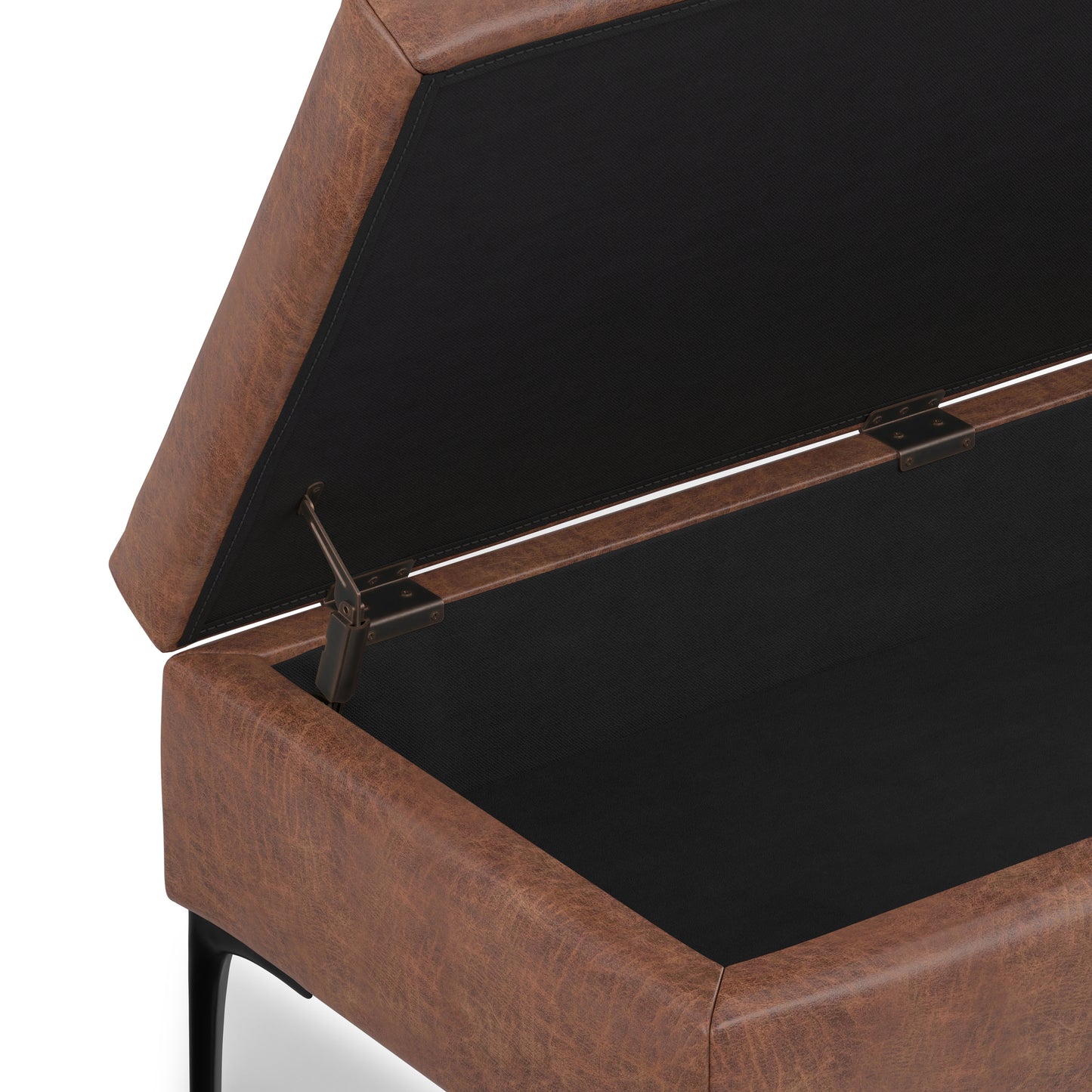 Distressed Saddle Brown Distressed Vegan Leather | Rebecca Large Coffee Table Storage Ottoman with Lift up Lid in Distressed Vegan Leather