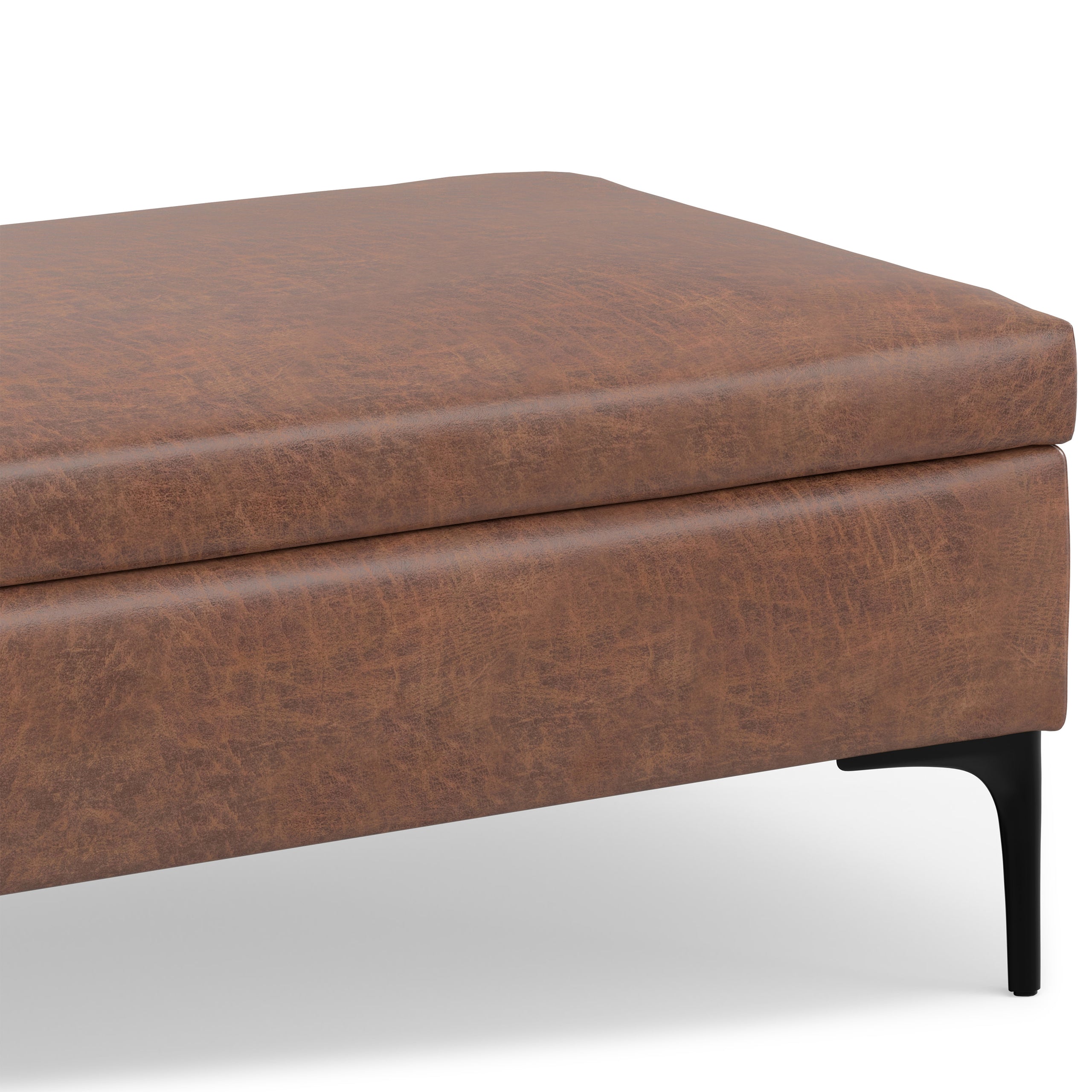 Distressed Saddle Brown Distressed Vegan Leather | Rebecca Large Coffee Table Storage Ottoman with Lift up Lid in Distressed Vegan Leather