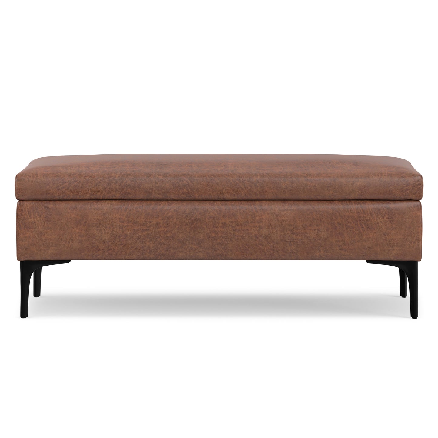 Distressed Saddle Brown Distressed Vegan Leather | Rebecca Large Coffee Table Storage Ottoman with Lift up Lid in Distressed Vegan Leather