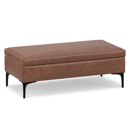 Distressed Saddle Brown Distressed Vegan Leather | Rebecca Large Coffee Table Storage Ottoman with Lift up Lid in Distressed Vegan Leather
