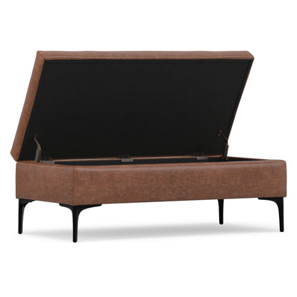 Distressed Saddle Brown Distressed Vegan Leather | Rebecca Large Coffee Table Storage Ottoman with Lift up Lid in Distressed Vegan Leather