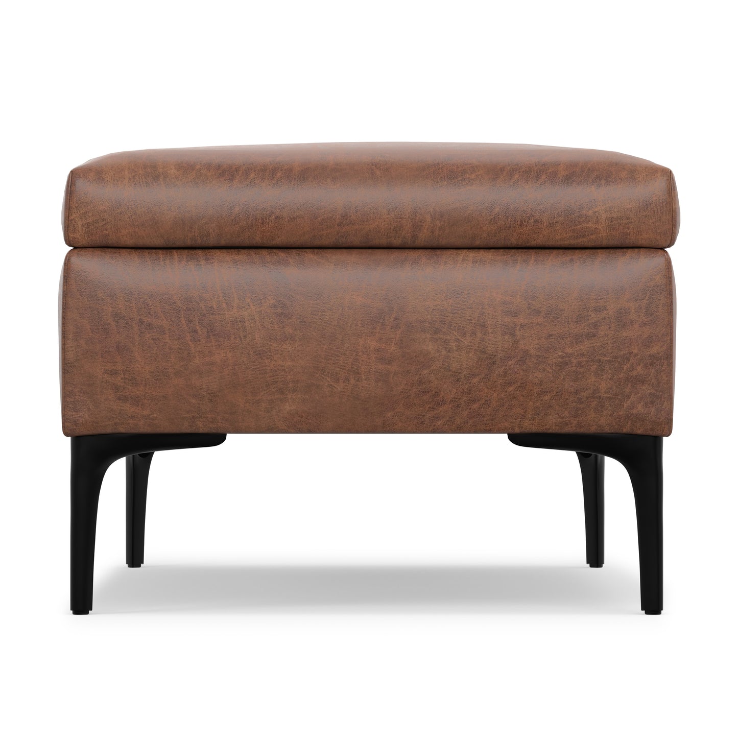 Distressed Saddle Brown Distressed Vegan Leather | Rebecca Large Coffee Table Storage Ottoman with Lift up Lid in Distressed Vegan Leather