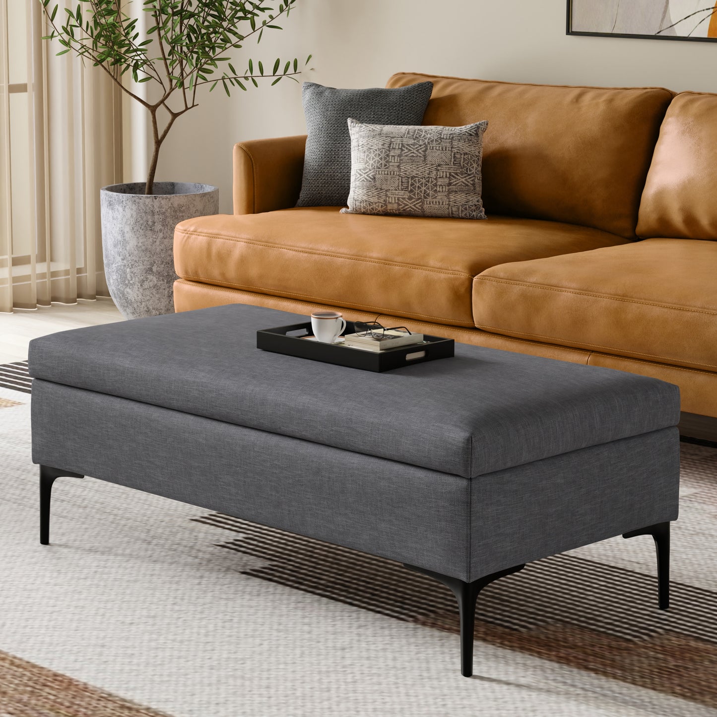 Slate Grey Linen Style Fabric | Rebecca Large Coffee Table Storage Ottoman with Lift up Lid in Linen