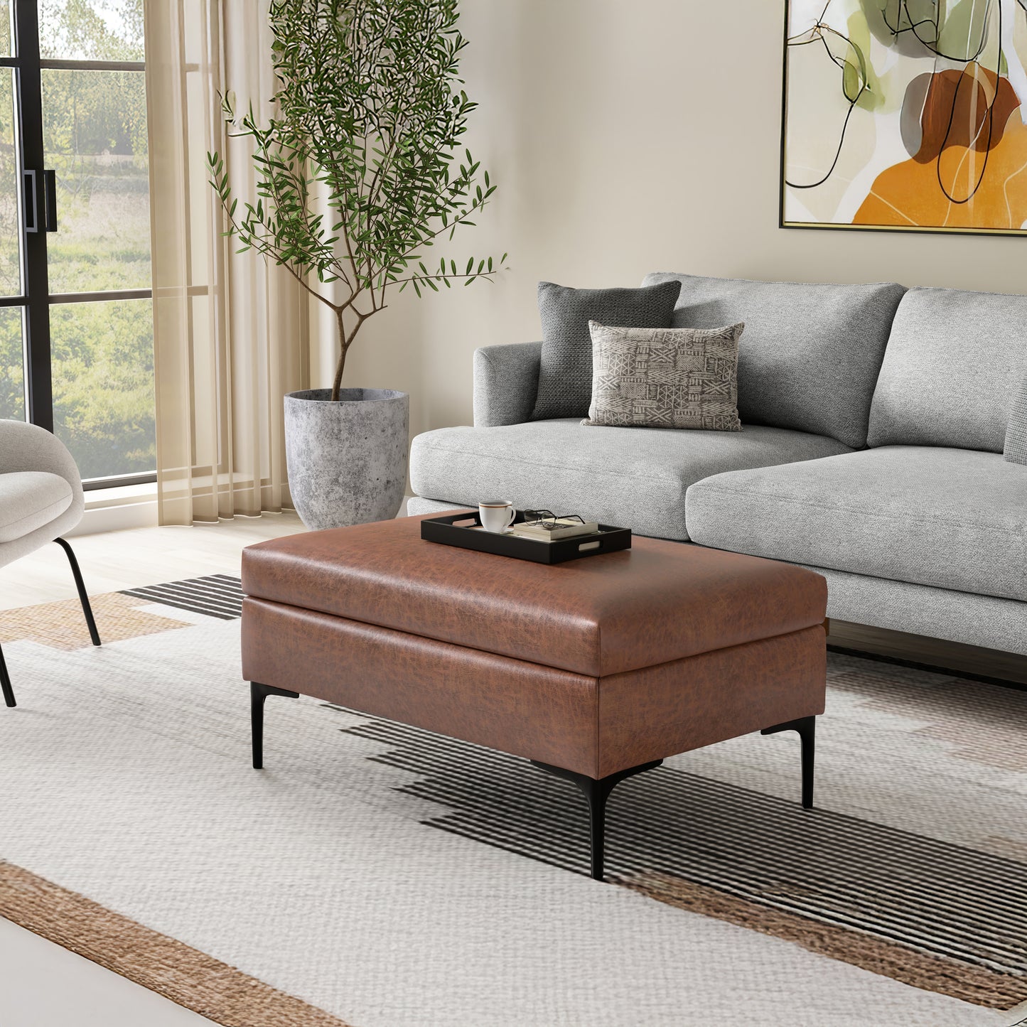 Distressed Saddle Brown Distressed Vegan Leather | Rebecca Rectangular Coffee Table Storage Ottoman with Lift Up in Distressed Vegan Leather