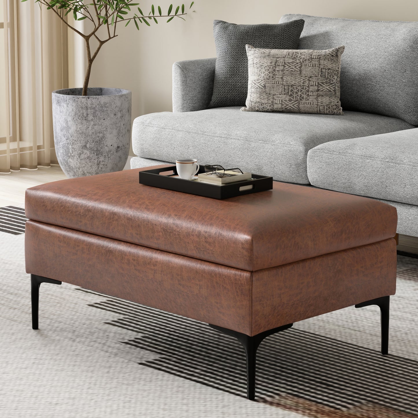 Distressed Saddle Brown Distressed Vegan Leather | Rebecca Rectangular Coffee Table Storage Ottoman with Lift Up in Distressed Vegan Leather