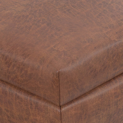 Distressed Saddle Brown Distressed Vegan Leather | Rebecca Rectangular Coffee Table Storage Ottoman with Lift Up in Distressed Vegan Leather