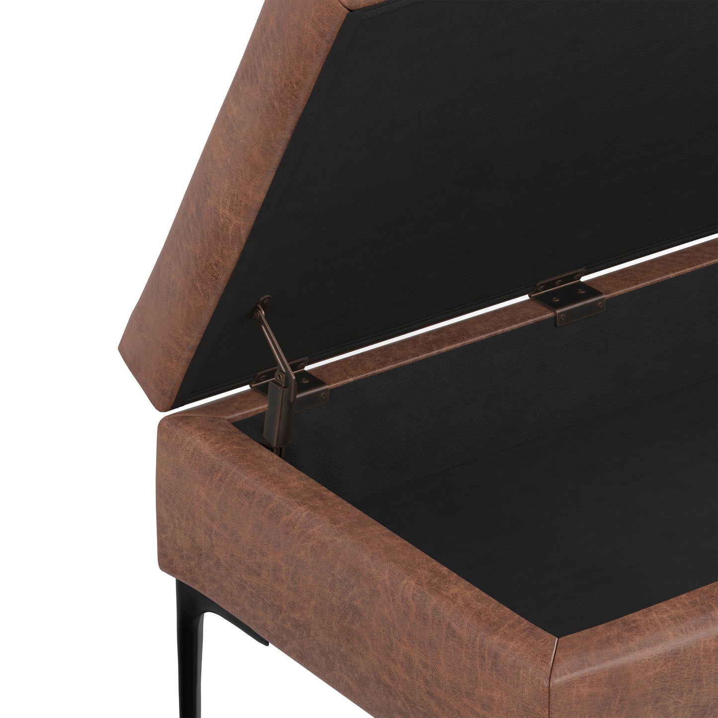 Distressed Saddle Brown Distressed Vegan Leather | Rebecca Rectangular Coffee Table Storage Ottoman with Lift Up in Distressed Vegan Leather
