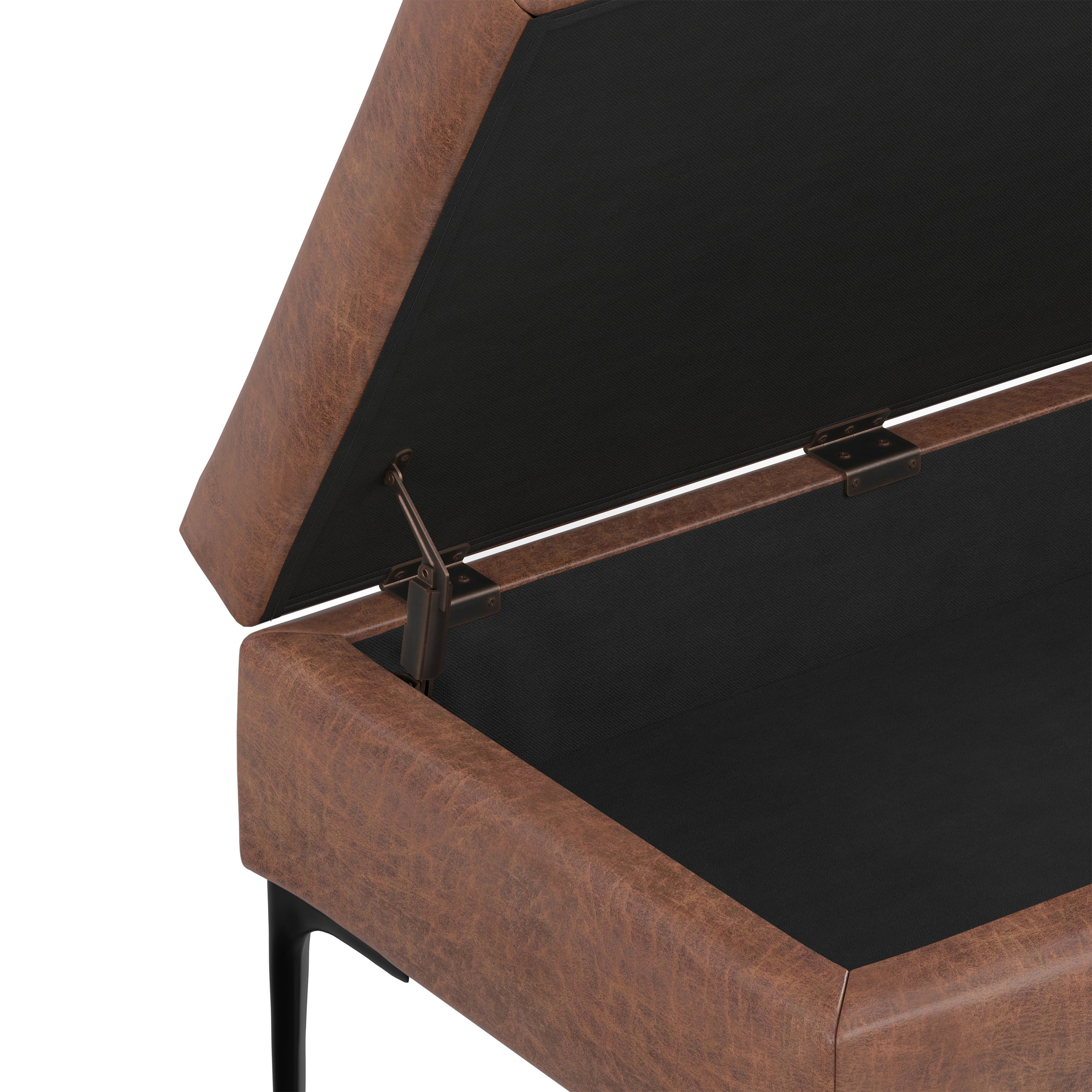 Distressed Saddle Brown Distressed Vegan Leather | Rebecca Rectangular Coffee Table Storage Ottoman with Lift Up in Distressed Vegan Leather