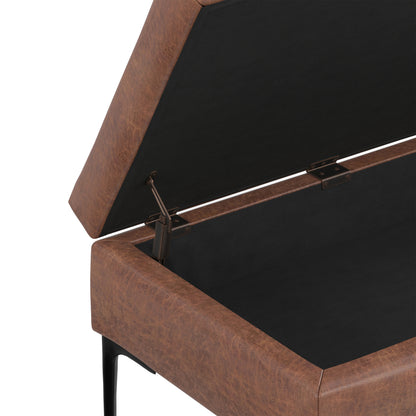 Distressed Saddle Brown Distressed Vegan Leather | Rebecca Rectangular Coffee Table Storage Ottoman with Lift Up in Distressed Vegan Leather