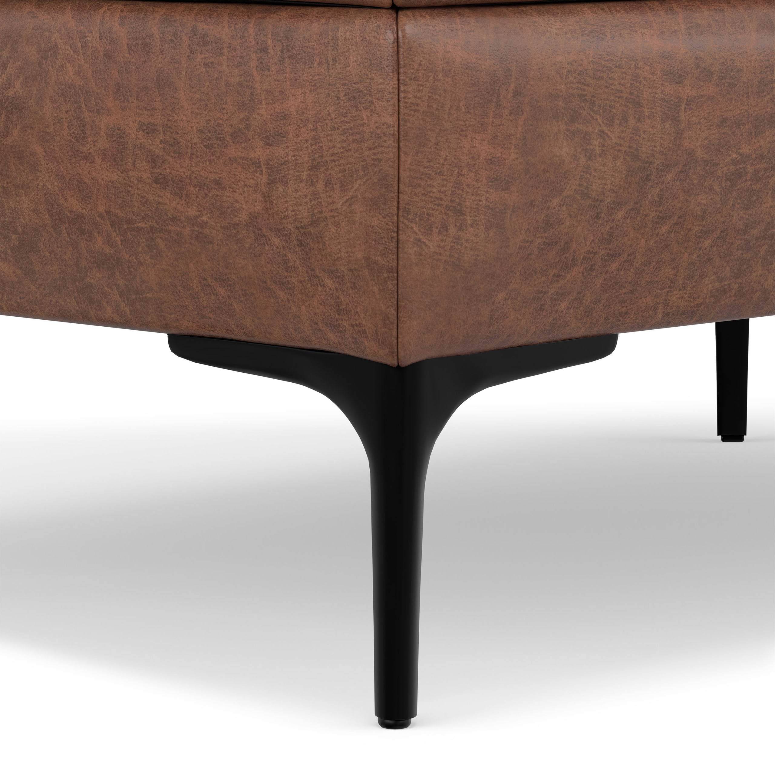 Distressed Saddle Brown Distressed Vegan Leather | Rebecca Rectangular Coffee Table Storage Ottoman with Lift Up in Distressed Vegan Leather