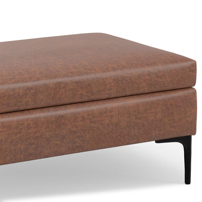 Distressed Saddle Brown Distressed Vegan Leather | Rebecca Rectangular Coffee Table Storage Ottoman with Lift Up in Distressed Vegan Leather